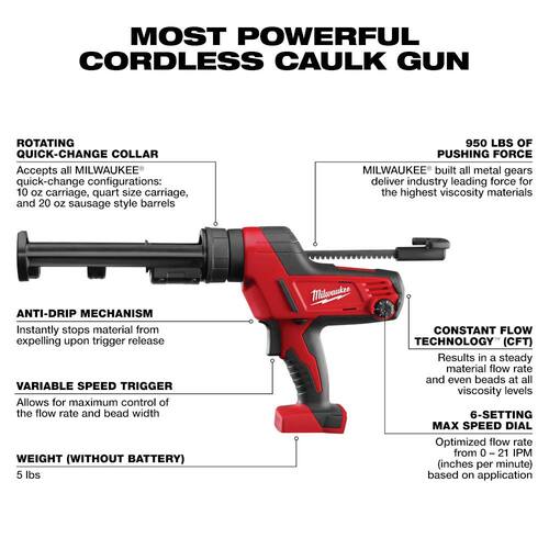 Caulk and Adhesive Gun, Cordless, M18 18V Lithium-Ion, 10 oz. (Tool-Only)