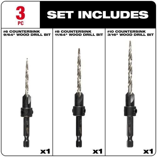 Wood Countersink Drill Bit Set (3-Piece), #6/#8/#10