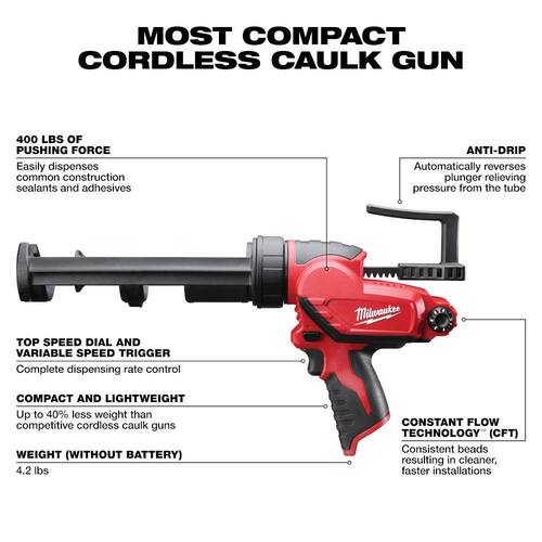 Adhesive and Caulk Gun, Cordless, M12 12V Lithium-Ion, 10 oz. (Tool-Only)