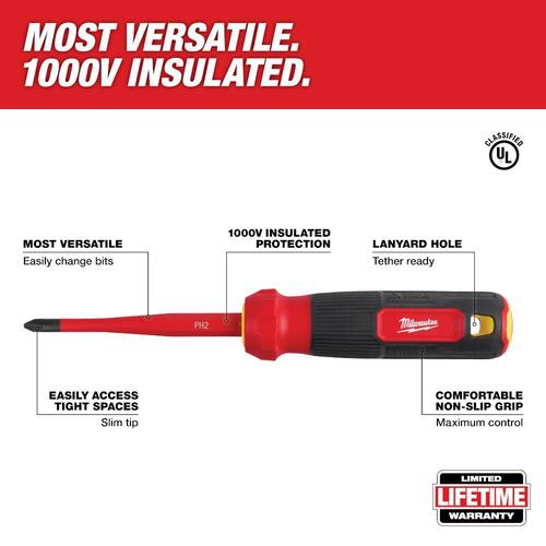 1000V Insulated Slim-Tip Multi-Bit Screwdriver, 4-in-1