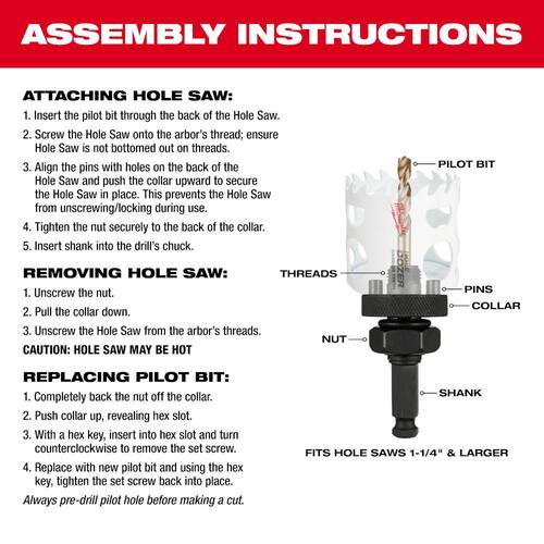 Quick Change Large Hole Saw Arbor No Wobble with Pilot Drill Bit, 7/16 in.