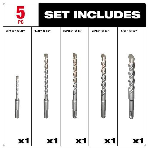 2-Cutter SDS-PLUS Carbide Hammer Drill Bit Set (5-Piece)