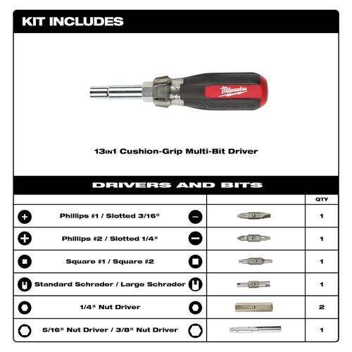 Multi-Tip Cushion Grip Screwdriver with Schrader Bit, 13-in-1