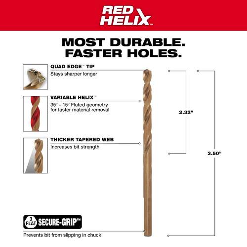 Cobalt Red Helix Twist Drill Bit, 3/16 in.