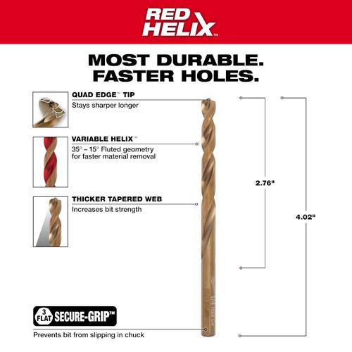 Cobalt Red Helix Twist Drill Bit, 1/4 in.