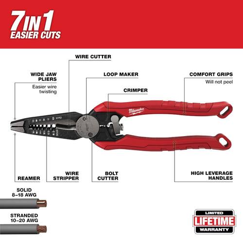 Combination Pliers, 9 in., 7-in-1, High Leverage