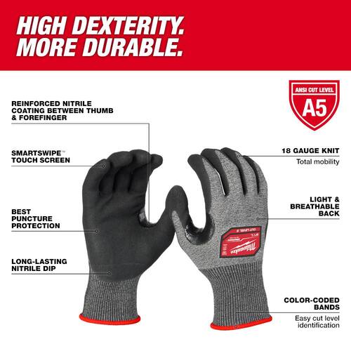 Work Gloves High Dexterity Cut Resistant Nitrile Dipped Outdoor Large 5pcs