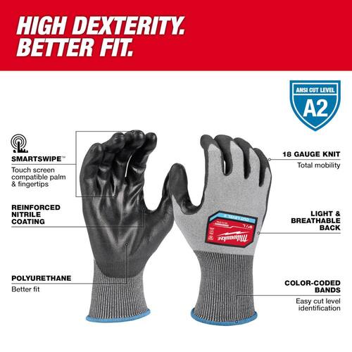 Work Gloves High Dexterity Cut 2 Resistant Polyurethane Dipped X-Large