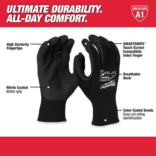 Work Gloves Cut Resistant Level 1 Nitrile Black Dipped Medium