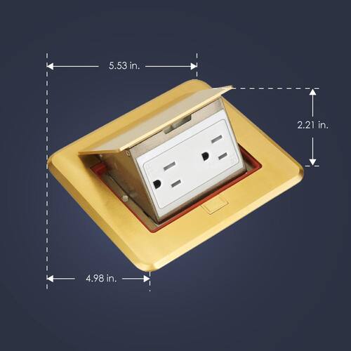 Electrical Box for Wood Sub-Flooring with Pop-Up Floor Outlet, 15A TR Duplex Receptacle, Brass