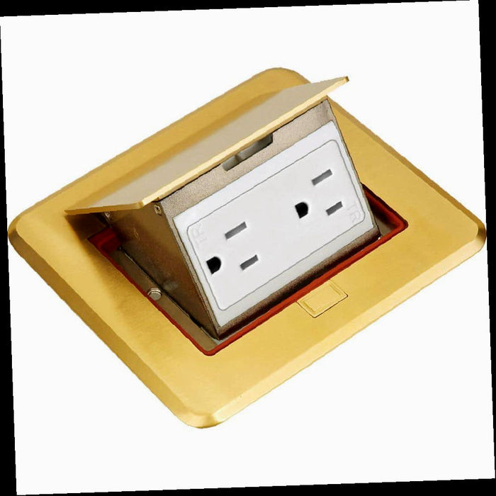 Electrical Box for Wood Sub-Flooring with Pop-Up Floor Outlet, 15A TR Duplex Receptacle, Brass