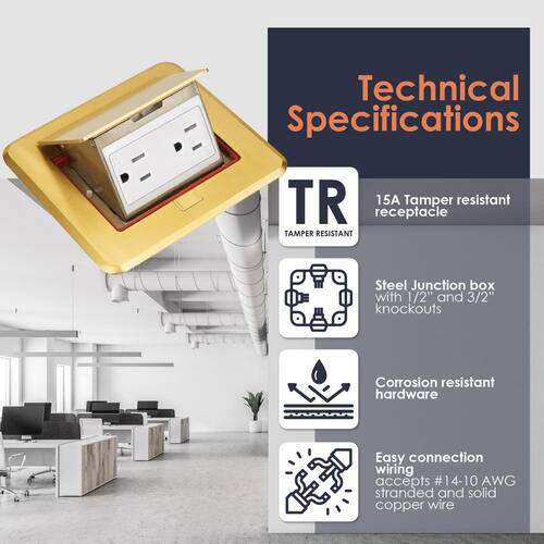 Electrical Box for Wood Sub-Flooring with Pop-Up Floor Outlet, 15A TR Duplex Receptacle, Brass