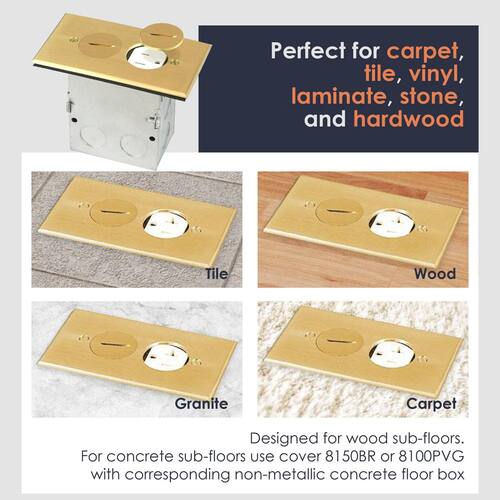 Electrical Box for Wood Sub-Flooring with 15A TR Duplex Receptacle Brass Floor Box Kit with Screw Caps