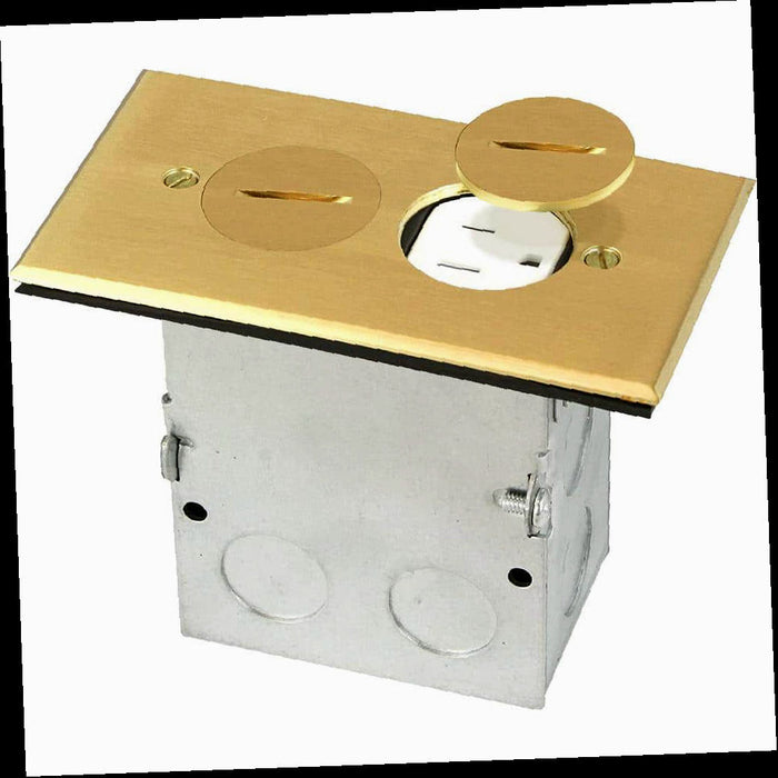Electrical Box for Wood Sub-Flooring with 15A TR Duplex Receptacle Brass Floor Box Kit with Screw Caps