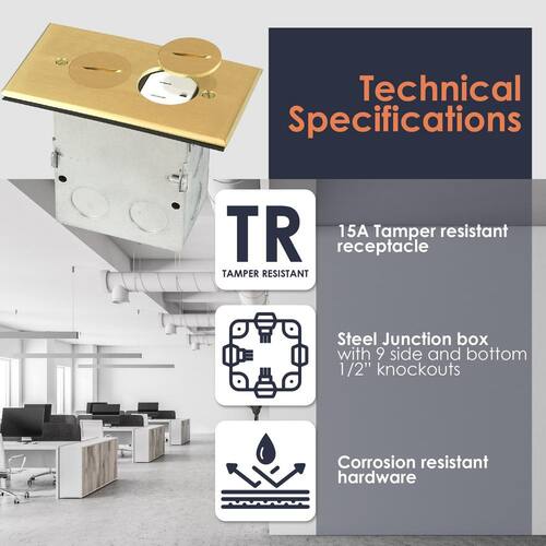 Electrical Box for Wood Sub-Flooring with 15A TR Duplex Receptacle Brass Floor Box Kit with Screw Caps