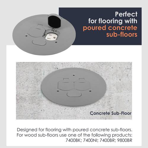 Floor Box Outlet Cover Low-Profile Round with 2 Lift Lids, Gray