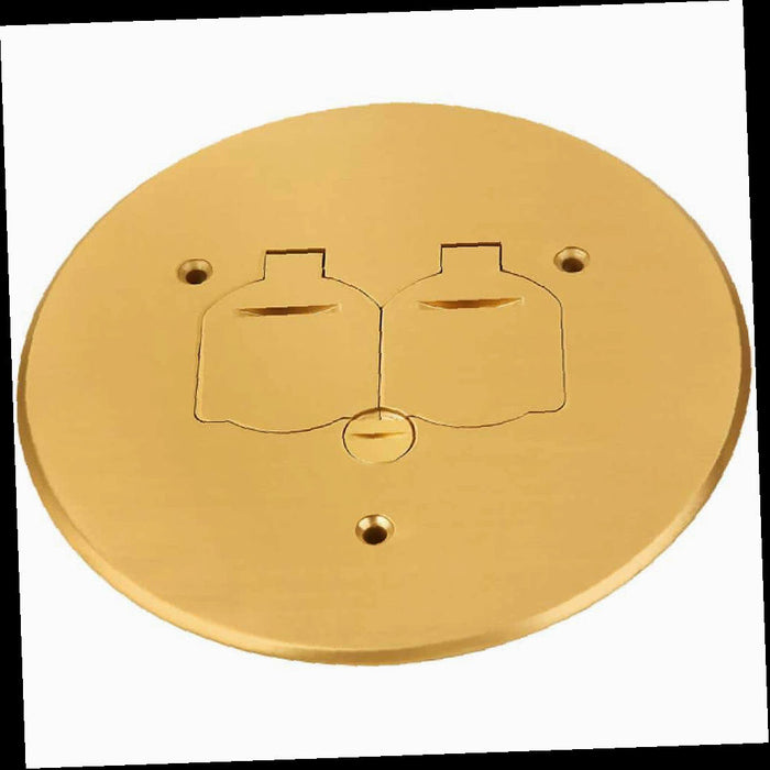 Floor Box Outlet Cover Low-Profile Round with 15A TR Duplex Receptacle and 2 Lift Lids, Brass