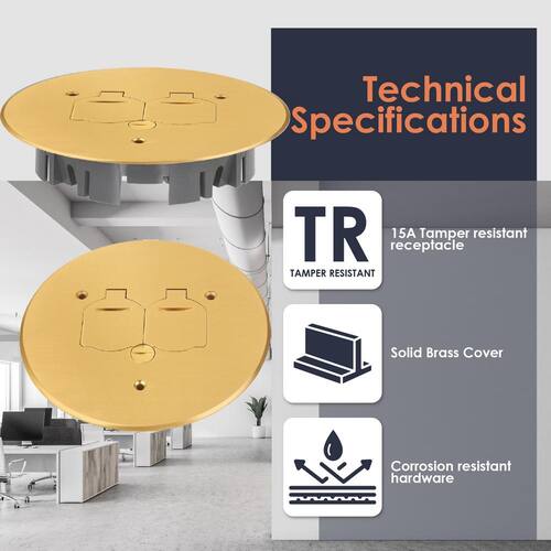 Floor Box Outlet Cover Low-Profile Round with 15A TR Duplex Receptacle and 2 Lift Lids, Brass