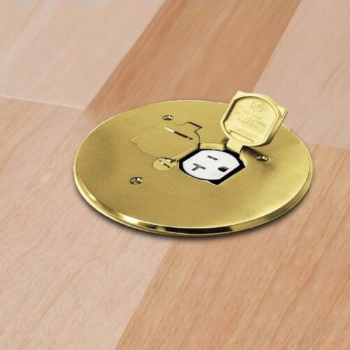 Floor Box Outlet Cover Low-Profile Round with 15A TR Duplex Receptacle and 2 Lift Lids, Brass