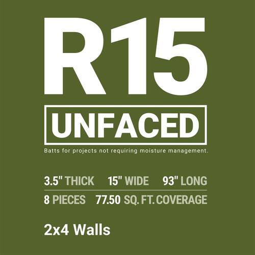 Fiberglass Insulation Batt R-15, 15 in. x 93 in. (77.5 sq. ft.)