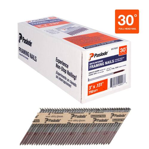 Framing Nails Round Drive 30° Angled Steel Brite Smooth Shank 3 in. x 0.131 in. Paper Tape 750 pcs