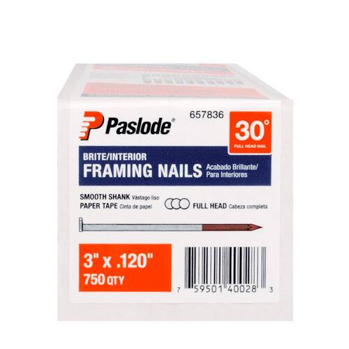 Framing Nails Round Drive 30° Agnled Smooth Shank Paper Tape Brite Steel 3 in. x 0.120  750 pcs