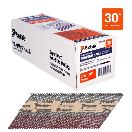 Framing Nails Round Drive 30° Agnled Smooth Shank Paper Tape Brite Steel 3 in. x 0.120  750 pcs