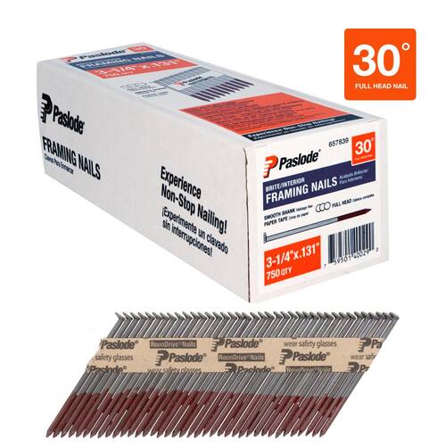 Framing Nails Round Drive 30° Angled Steel Brite Smooth Shank Paper Tape 3-1/4 in. x 0.131 750 pcs