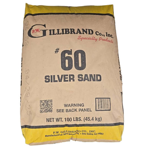 Sand Silica #60 (100 lb.) product packaging showing a 100 lb. bag of #60 silver sand from P.W. Gillibrand Co.