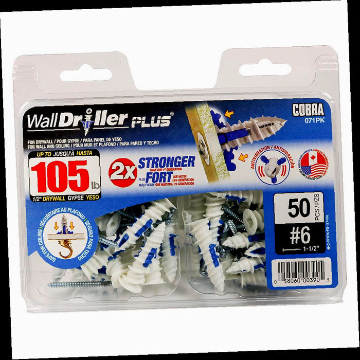 Walldriller Plus Nylon Self Drilling Hollow Wall Anchor #6 x 1-1/2 in., with Screw Phillips Head 105lbs. (50-pack)