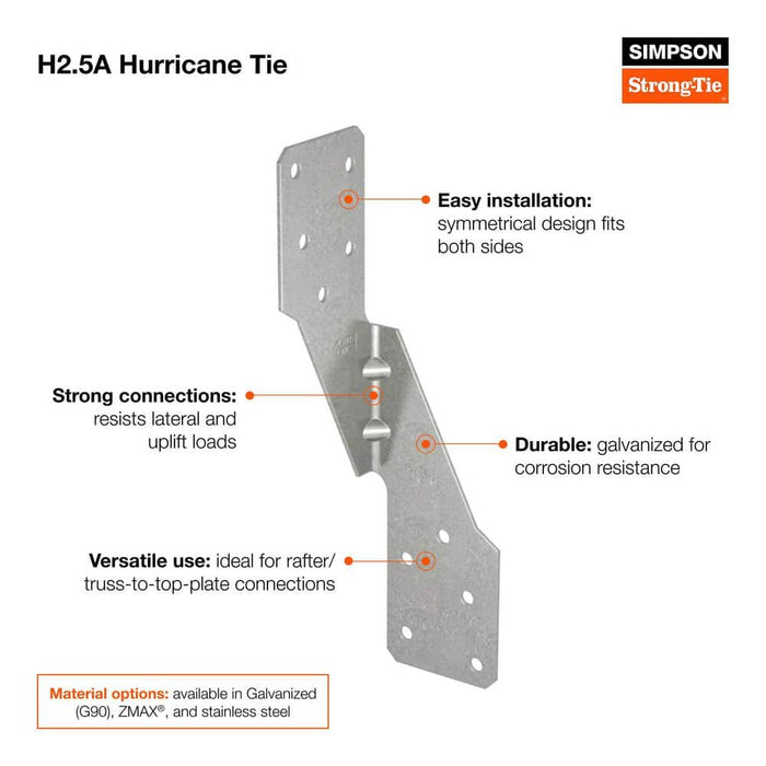 Metal Strap H2.5AZ 18-Gauge ZMAX Galvanized Hurricane Tie 