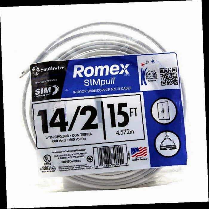 Wire, Romex SIMpull CU NM-B W/G, Solid, 14/2, 15 ft.