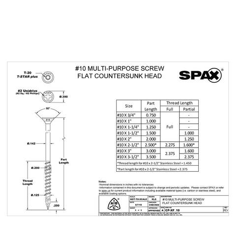 Multi-Purpose Screw #10 x 2 in. Zinc Coated Phillips-Square Drive Flat Undercut Full Thread 105 per Box