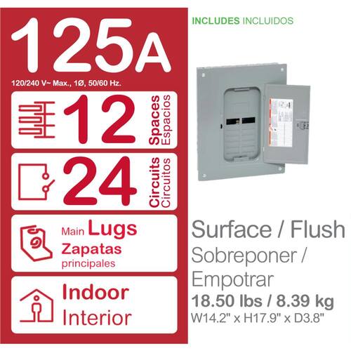 Load Center 125 Amp 12-Space 24-Circuit Homeline Indoor Main Lug Plug-On Neutral w/ Cover, Ground Bar(HOM1224L125PGCVP)