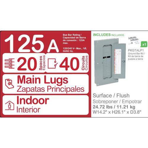 Load Center 125 Amp 20-Space 40-Circuit Homeline Indoor Main Lug Plug-On Neutral with Cover, Ground Bar