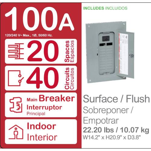 Circuit Breaker 100 Amp 20-Space 40-Circuit Homeline Indoor Main Plug-On Neutral Load Center with Cover(HOM2040M100PCVP)