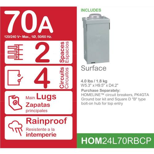 Load Center 70 Amp 2-Space 4-Circuit Homeline Outdoor Main Lug Center(HOM24L70RBCP)