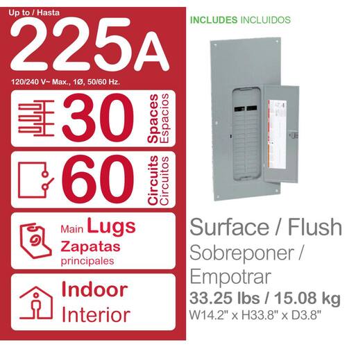 Load Center 225 Amp 30-Space 60-Circuit Homeline Indoor Main Lug Plug-On Neutral w/ Cover, Ground Bar(HOM3060L225PGCVP)