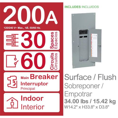 Circuit Breaker 200 Amp 30-Space 60-Circuit Homeline Indoor Main Plug-On Neutral Load Center with Cover(HOM3060M200PCVP)