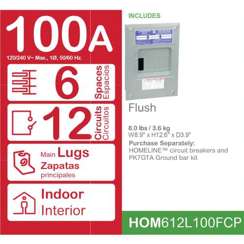 Load Center 100 Amp 6-Space 12-Circuit Homeline Indoor Flush Mount Main Lug with Cover No Door(HOM612L100FCP)