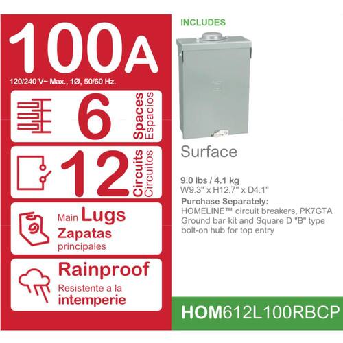 Load Center 100 Amp 6-Space 12-Circuit Homeline Outdoor Main Lug Center(HOM612L100RBCP)