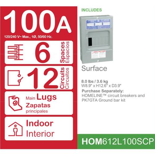 Load Center 100 Amp 6-Space 12-Circuit Homeline Indoor Surface Mount Main Lug with Cover