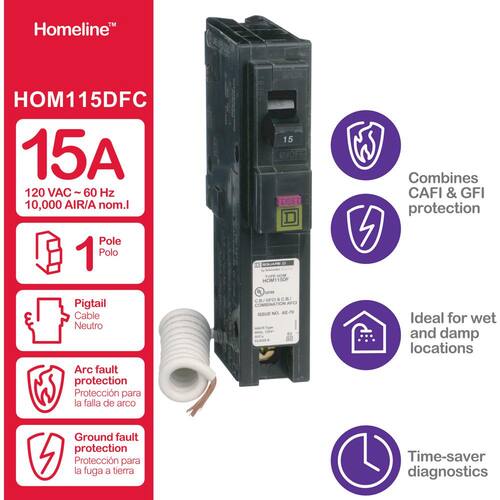 Circuit Breaker 15 Amp Single-Pole Circuit Homeline Dual Function (CAFCI and GFCI)