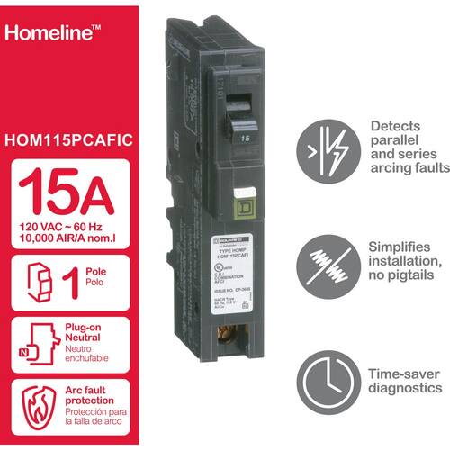 Circuit Breaker 15 Amp Single-Pole Circuit Homeline Plug-On Neutral Combination Arc Fault Breaker(HOM115PCAFIC)