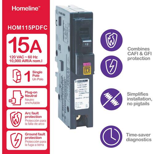 Circuit Breaker 15 Amp Single-Pole Circuit Homeline Plug-On Neutral Dual Function (CAFCI and GFCI)