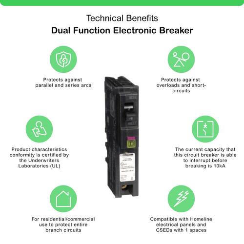 Circuit Breaker 15 Amp Single-Pole Circuit Homeline Plug-On Neutral Dual Function (CAFCI and GFCI)