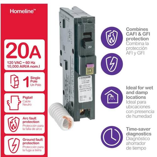 Circuit Breaker 20 Amp Single-Pole Circuit Homeline Dual Function (CAFCI and GFCI)