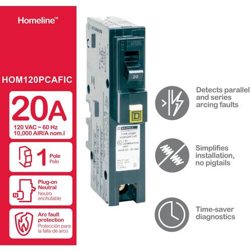 Circuit Breaker 20 Amp Single-Pole Circuit Homeline Plug-On Neutral Combination Arc Fault Breaker(HOM120PCAFIC)