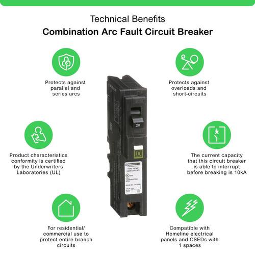 Circuit Breaker 20 Amp Single-Pole Circuit Homeline Plug-On Neutral Combination Arc Fault Breaker(HOM120PCAFIC)