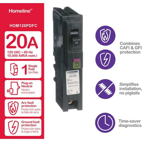 Circuit Breaker 20 Amp Single-Pole Circuit Homeline Plug-On Neutral Dual Function (CAFCI and GFCI)